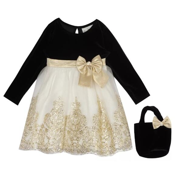 RARE EDITIONS Toddler Girls Gold Trim Mesh Skirt Dress with Velvet Purse 2T - Picture 1 of 9